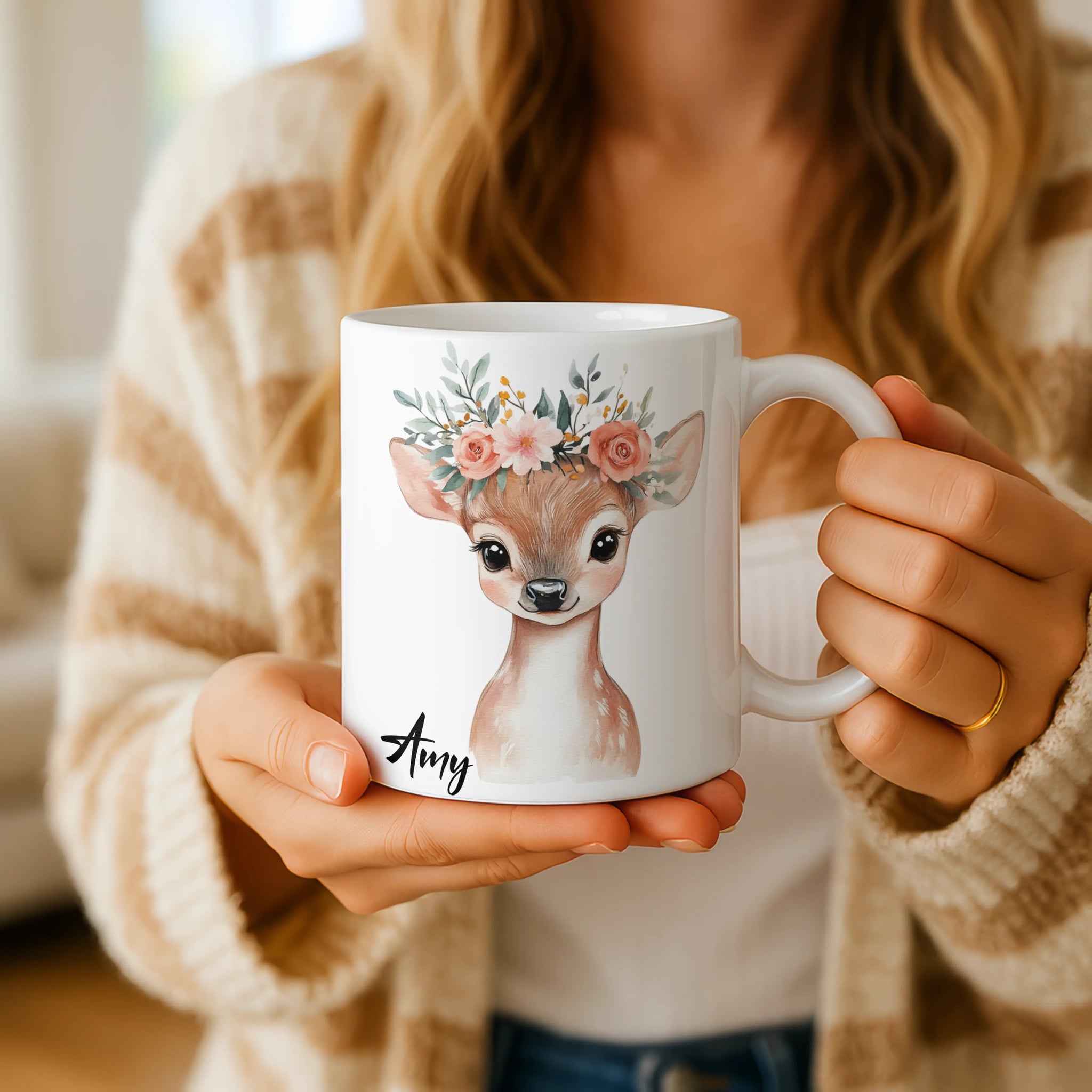 Personalised Deer Mug | Custom Name Gift | Floral Fawn Design | Gift for Girls & Women