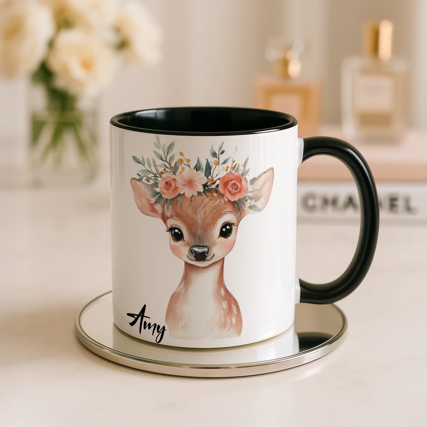 Personalised Deer Mug | Custom Name Gift | Floral Fawn Design | Gift for Girls & Women