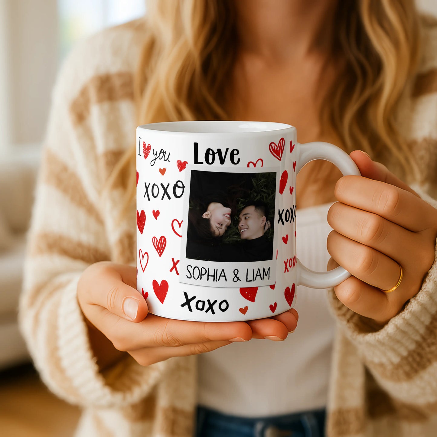 Personalised Love XOXO Couple Photo Mug | Custom Names | Black Handle | Romantic Valentine's Gift