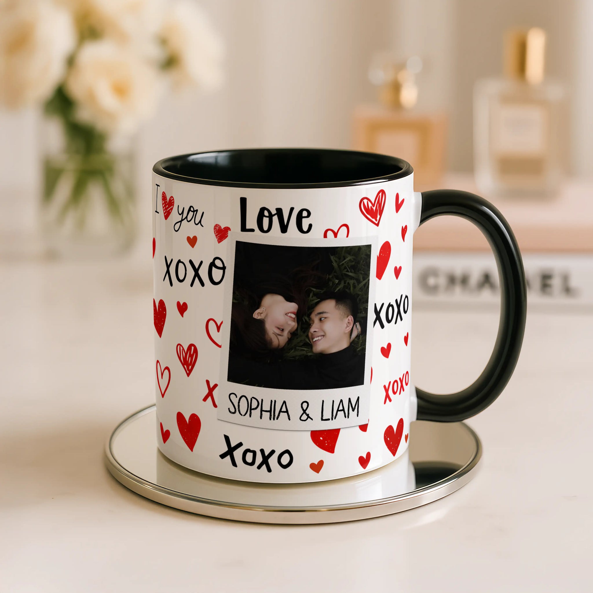Personalised Love XOXO Couple Photo Mug | Custom Names | Black Handle | Romantic Valentine's Gift