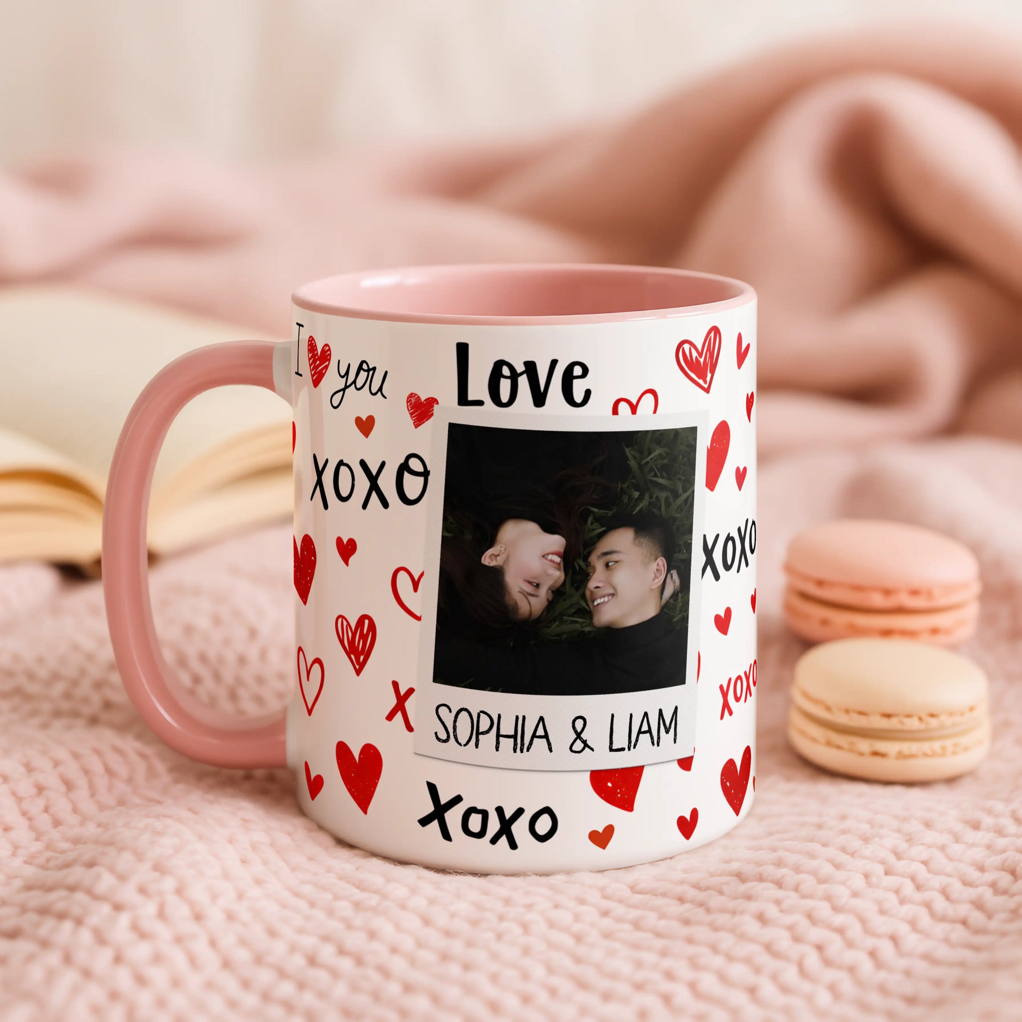Personalised Love XOXO Couple Photo Mug | Custom Names | Black Handle | Romantic Valentine's Gift