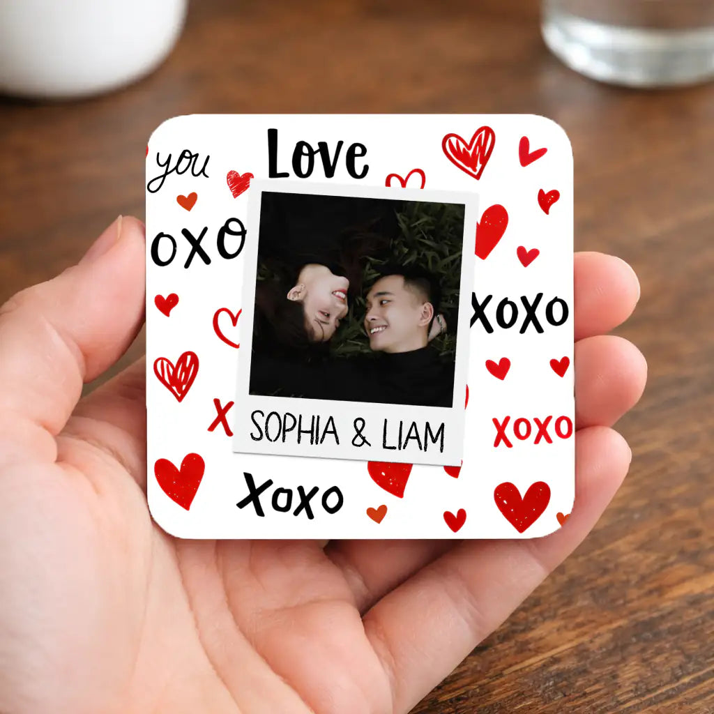Personalised Love XOXO Couple Photo Mug | Custom Names | Black Handle | Romantic Valentine's Gift