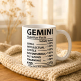 Gemini Nutrition Facts Mug • Gemini Star Sign Gift • Funny Zodiac Mug • Gemini Birthday Gift for Her • Sister • Friend • Tea Coffee Mug
