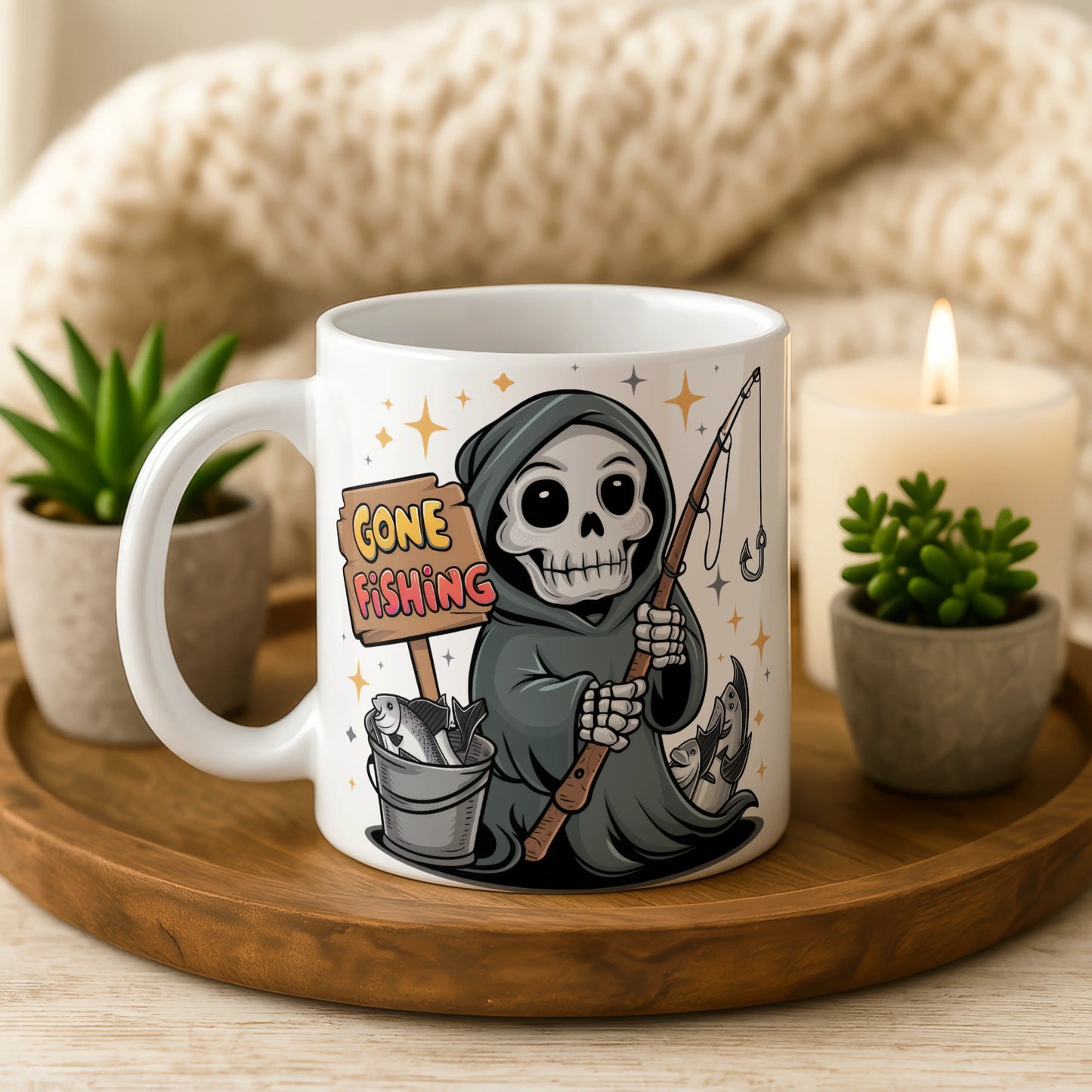 Gone Fishing Mug • Funny Fishing Gift • Grim Reaper Mug • Gift for Him Dad • Fisherman Gift • Funny Birthday Gift • Tea Coffee Mug