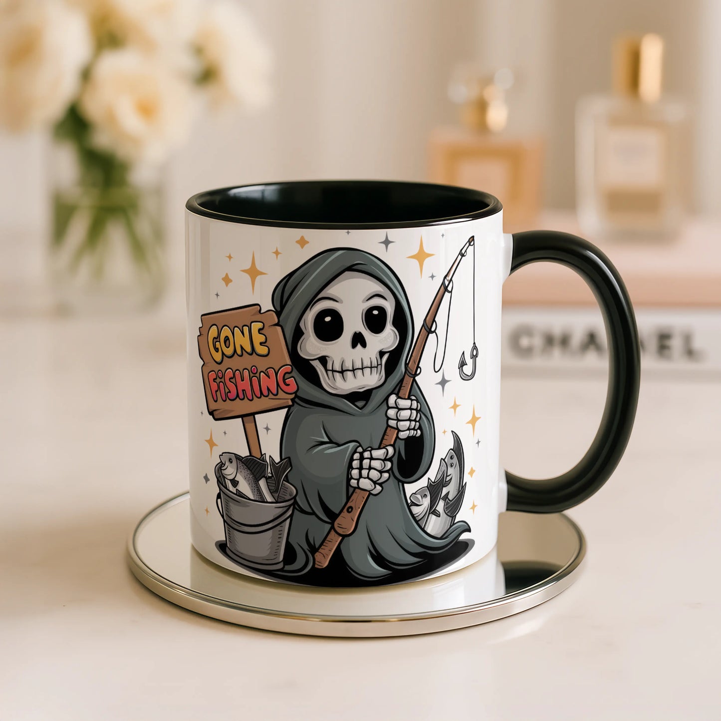 Gone Fishing Mug • Funny Fishing Gift • Grim Reaper Mug • Gift for Him Dad • Fisherman Gift • Funny Birthday Gift • Tea Coffee Mug