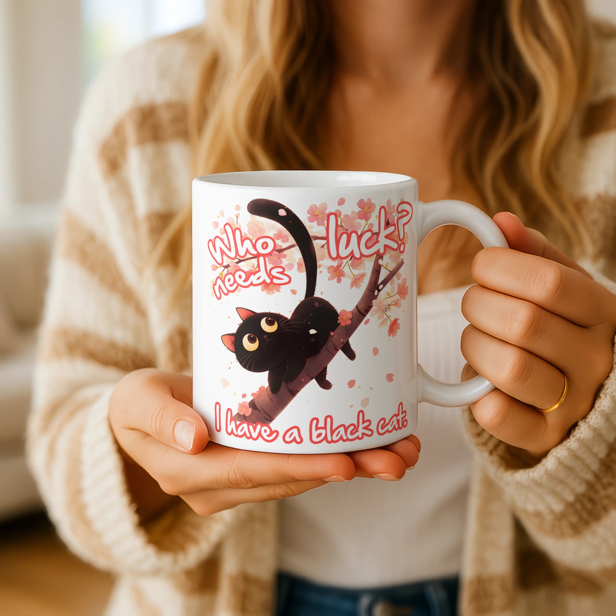 Who Needs Luck I Have a Black Cat Mug – Funny Cat Lover Gift, Spooky Black Cat Coffee Cup for Her