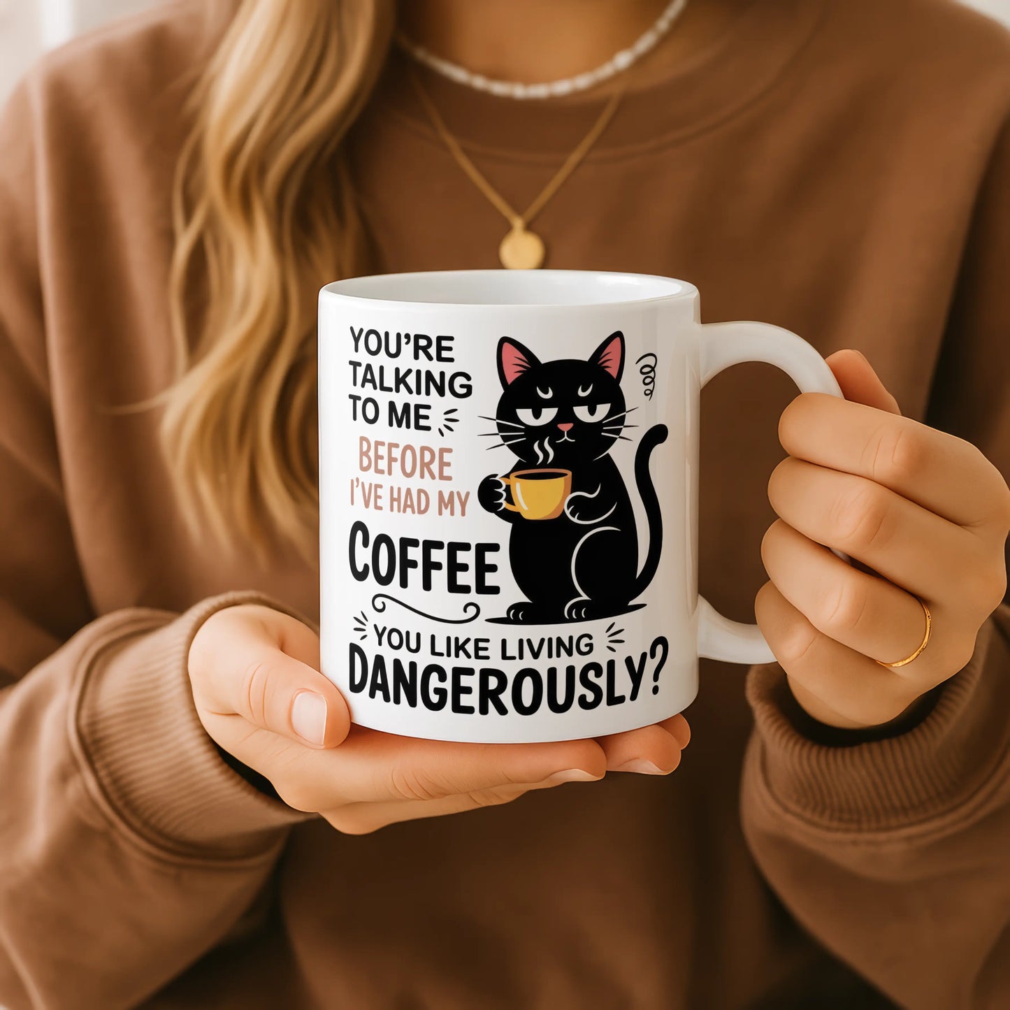 You Like Living Dangerously Black Cat Mug – Funny Cat Coffee Cup, Gift for Cat Lovers