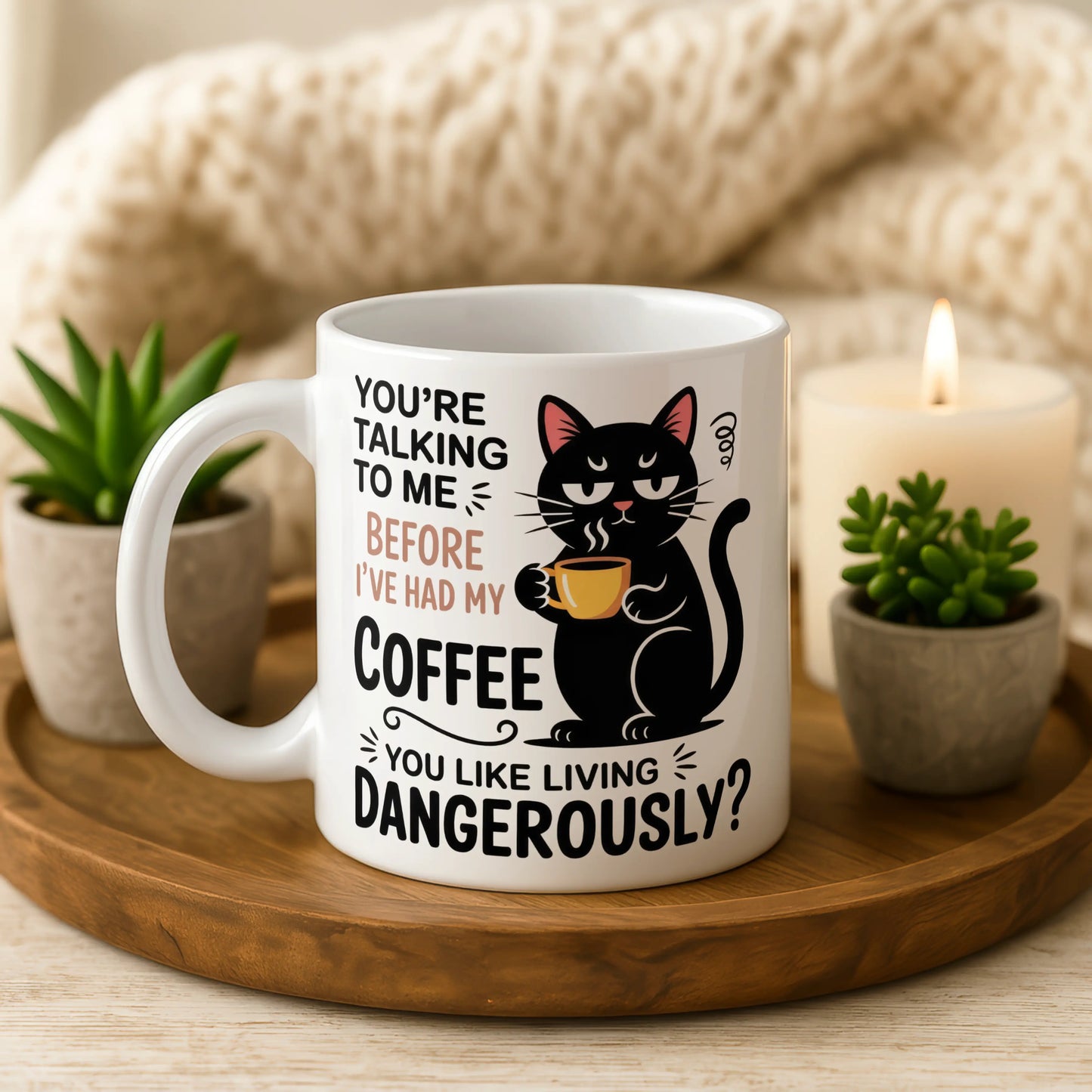 You Like Living Dangerously Black Cat Mug – Funny Cat Coffee Cup, Gift for Cat Lovers