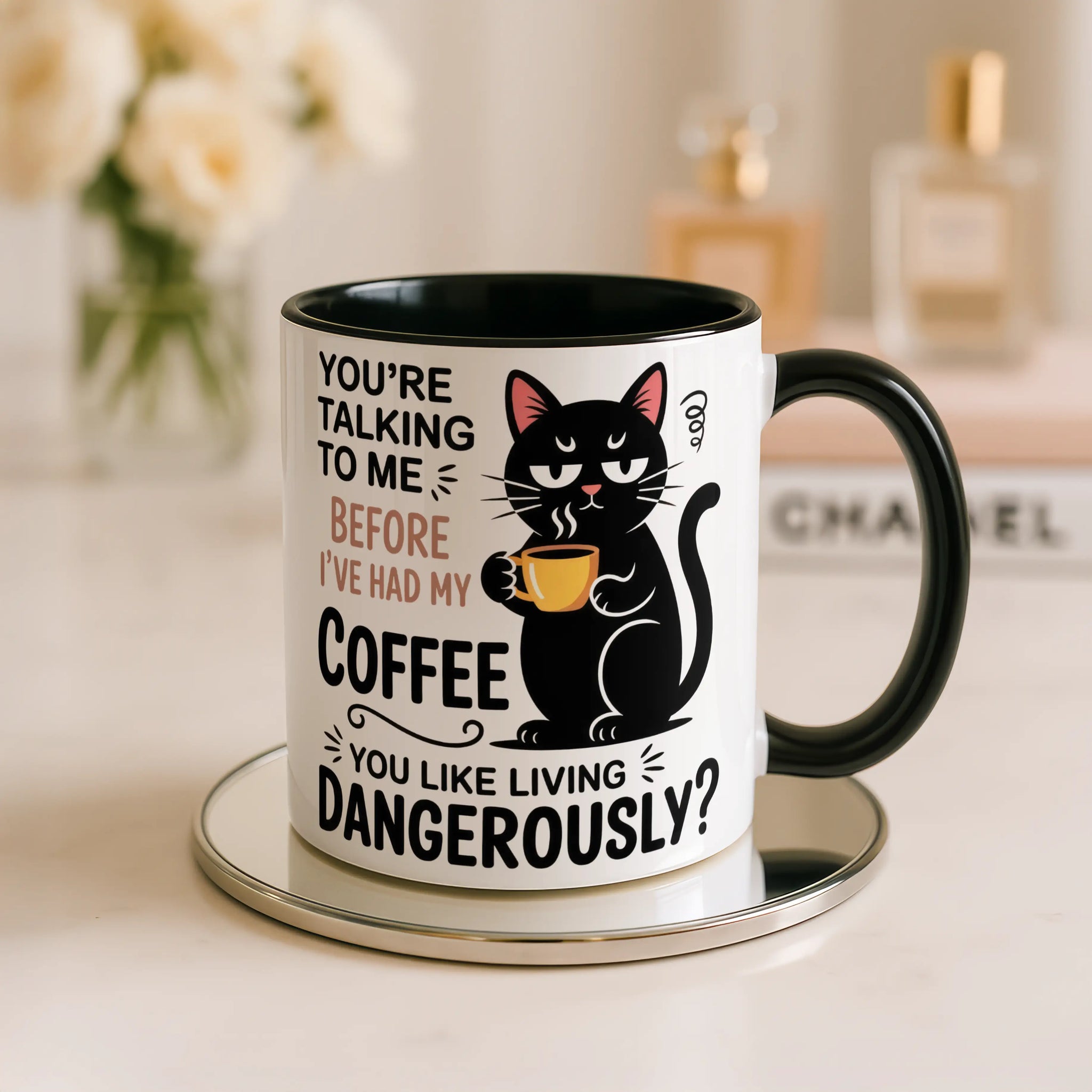 You Like Living Dangerously Black Cat Mug – Funny Cat Coffee Cup, Gift for Cat Lovers